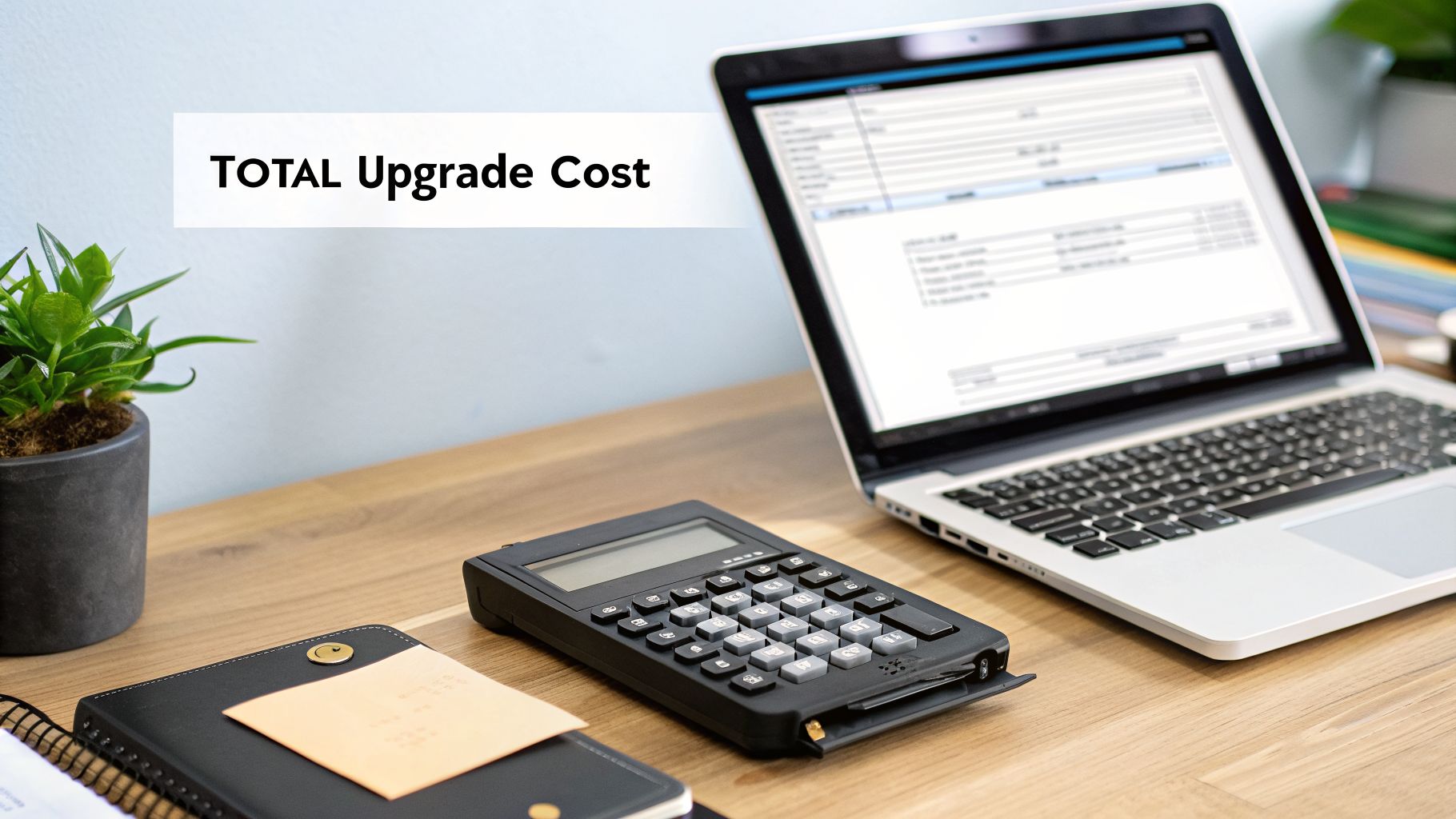 A desk with a laptop, calculator, and a potted plant, featuring a banner that reads "TOTAL Upgrade Cost."